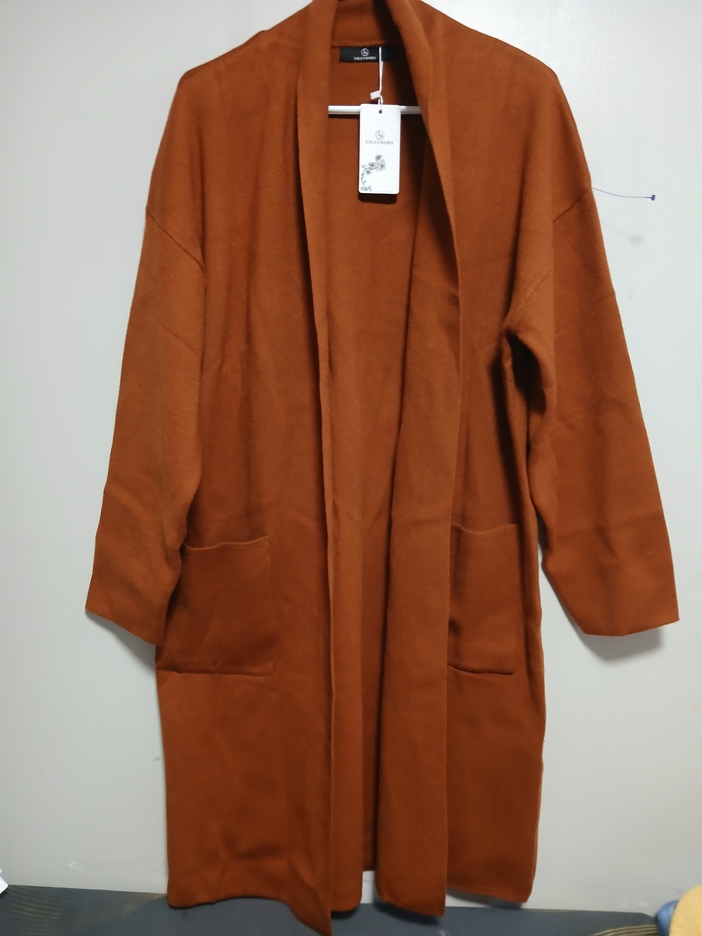 Long Open-Front Rust Brown Blazer Coat - Picture 2 of 5